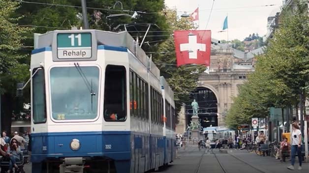 A Swiss train in the center of town