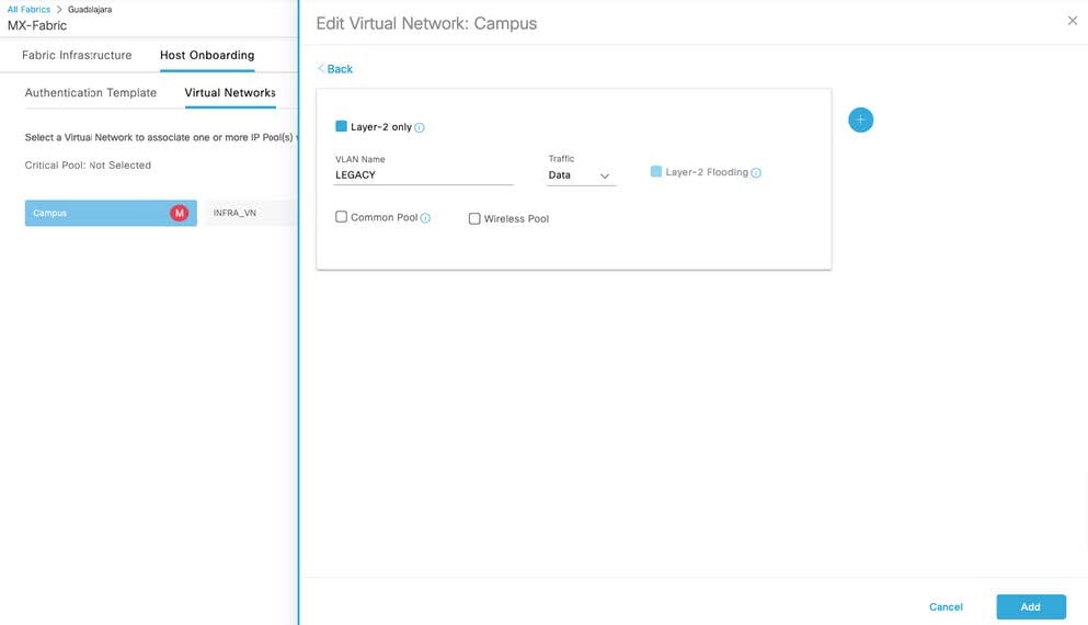 On the Edit Virtual Network: Campus slide-in pane, the Add button is in the bottom-right corner.