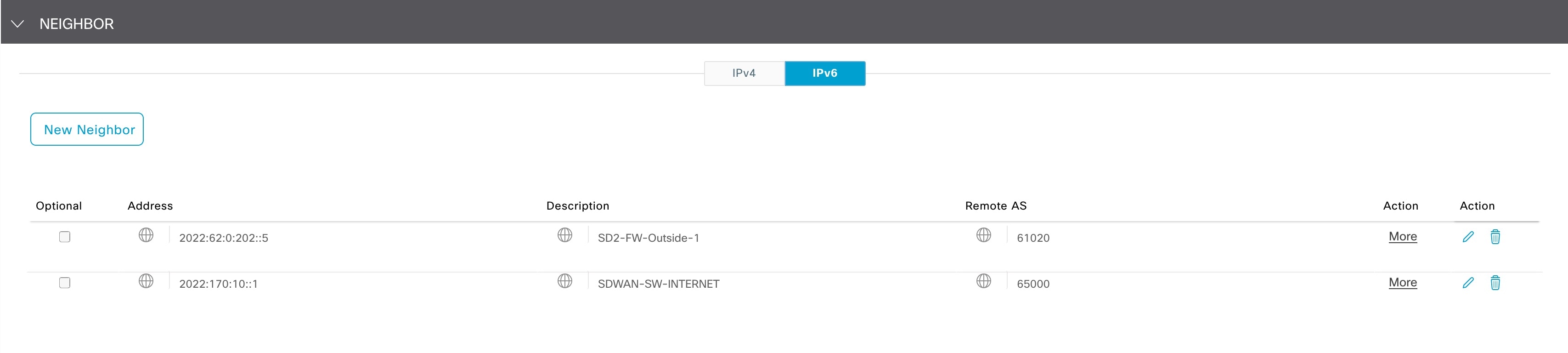 In the Cisco VPN Interface Ethernet template, in the NEIGHBOR area with the IPv6 tab chosen, you can click the New Neighbor button to create BGP neighbors.