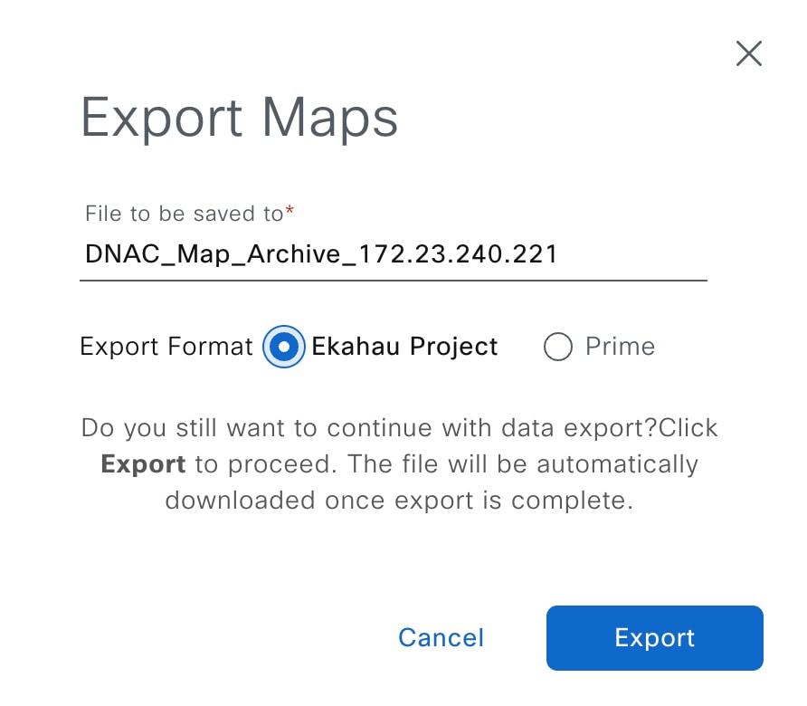 The Export Maps dialog box shows the project file name and the export format options: Ekahau Project and Prime.