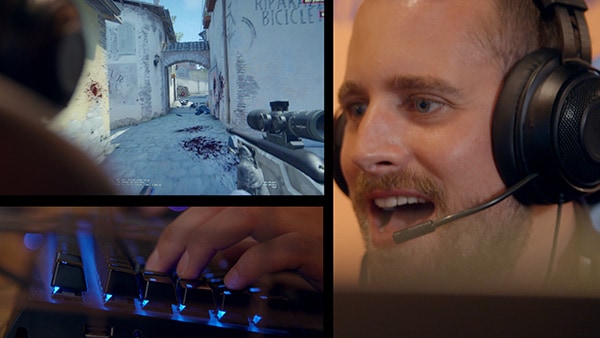 Split screen: Male gamer with headset; fingers on keyboard; and computer screen of video game 