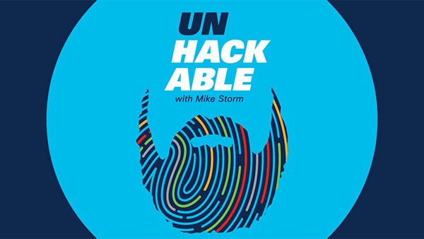 Unhackable with Mike Storm logo with beard (gray, blue, yellow, and red)