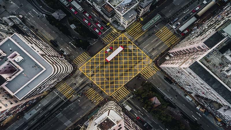 Overhead view of a city street intersection